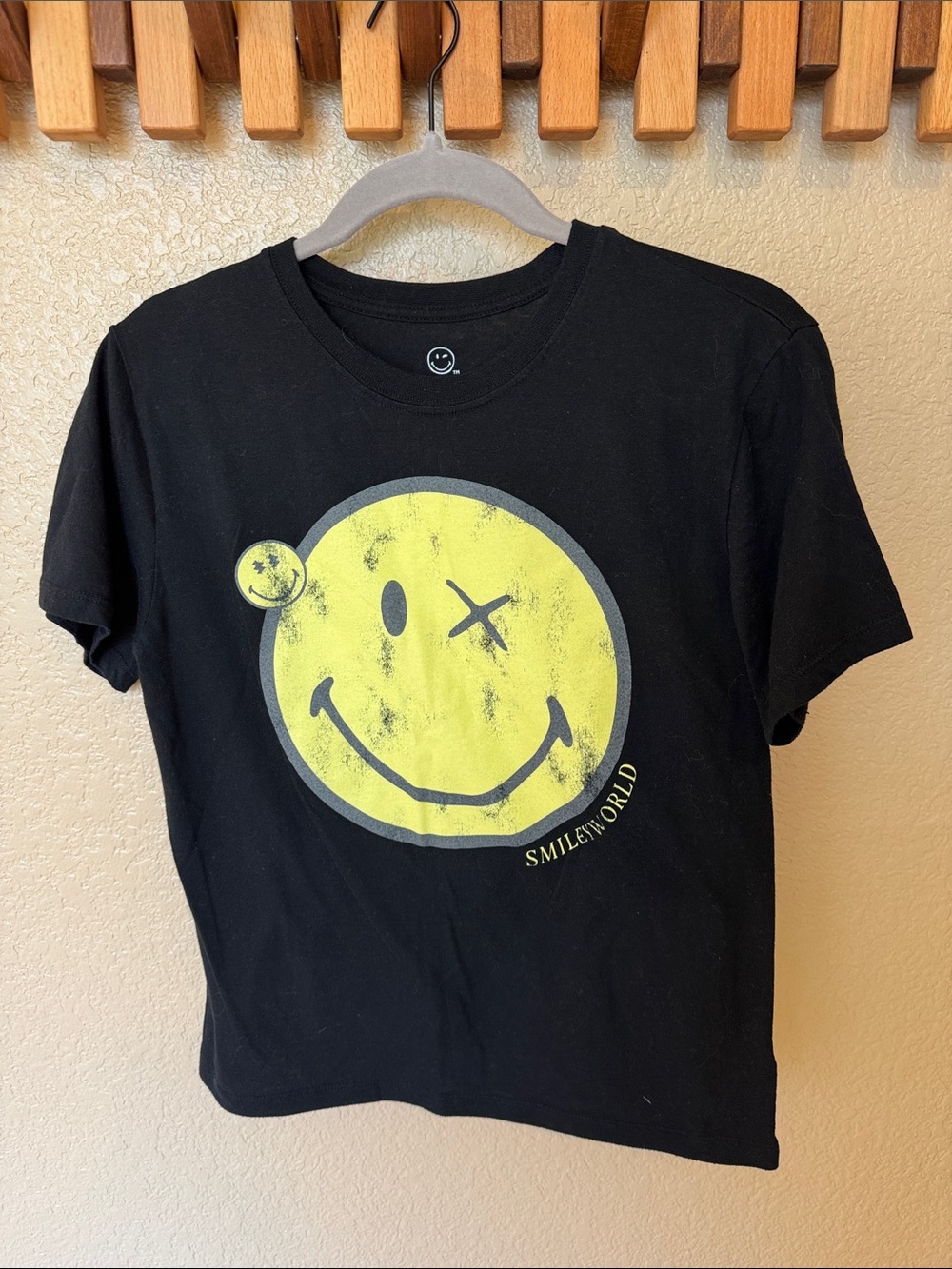 Black Tee with Distressed Yellow Smiley Graphic - Kids